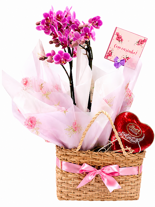 Sacolinha De Palha com Mini Orquídea e Chocolate Lindt Heart