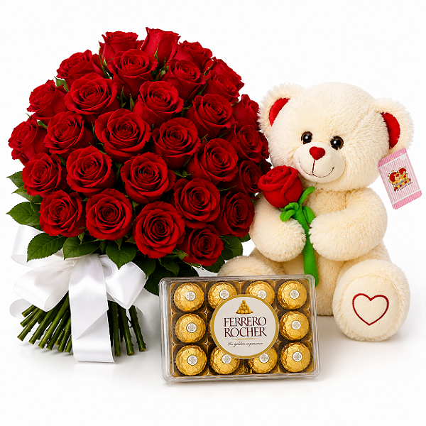 ❤️ Combo Amor Eterno – 20 Rosas, Pelúcia e Ferrero Rocher 150g