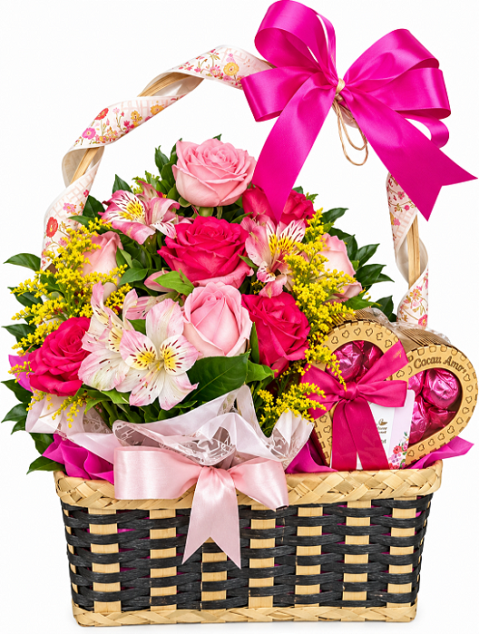 Cesta de Rosas & Coração de Chocolate