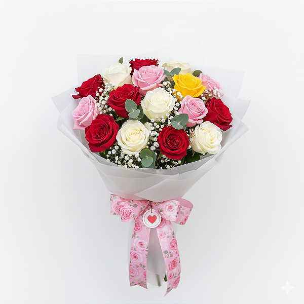 Buquê de 15 Rosas Coloridas: Celebração e Alegria