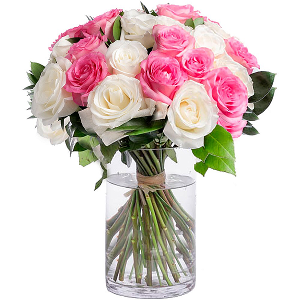 Luxuoso Buquê de 24 Rosas Brancas e Pink