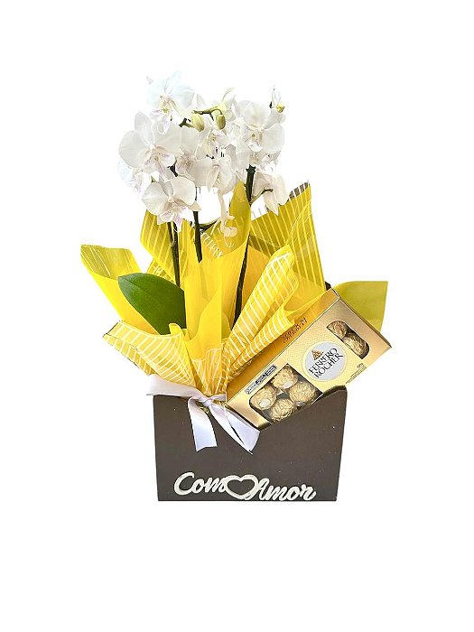 Mini Orquídea  Branca e Chocolates Ferrero Rocher
