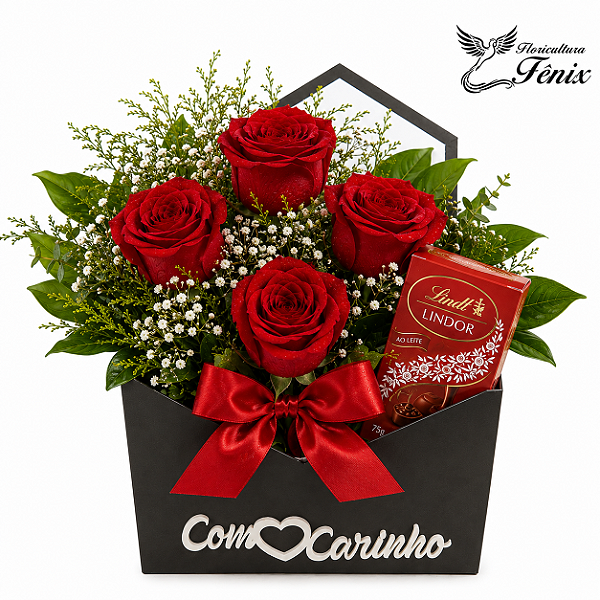 🌹 Envelope Elegance – 4 Rosas Vermelhas com Lindt 100G