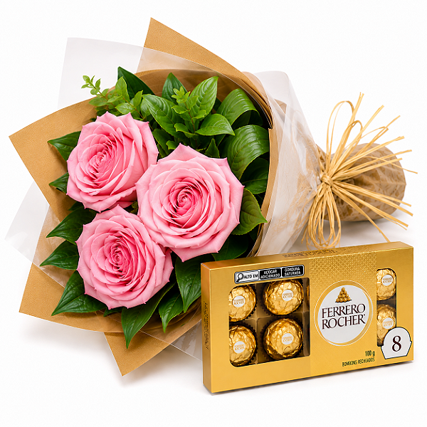 Mini Buquê de Rosas Cor de Rosa e Ferrero Rocher