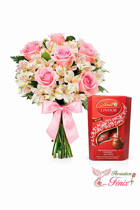 Buquê do Amor: Rosas Cor de Rosa e Chocolates Lindt 37g
