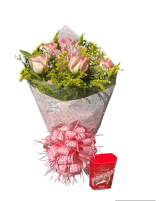 Buquê de Amor: Rosas Cor de Rosa e Chocolates Lindt 37g"
