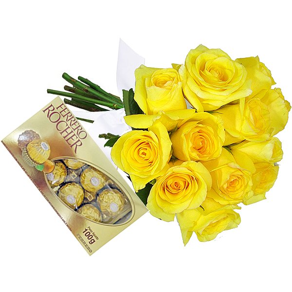 Buquê 12 Rosas Amarelas com Ferrero Rocher