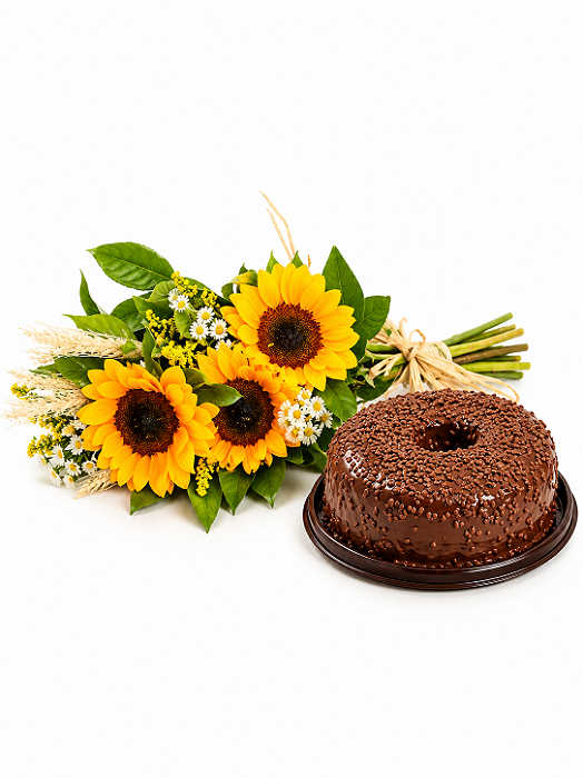 Ramalhete Trio de Girassóis & Bolo de Chocolate