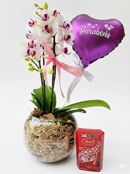 Mini Orquídea Semi Alba Com Chocolate Lindt 75 G e Balão