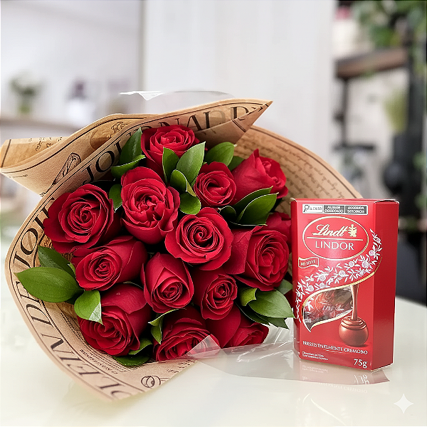 Buquê de 12 Rosas Vermelhas Com Chocolate Lindt 75g