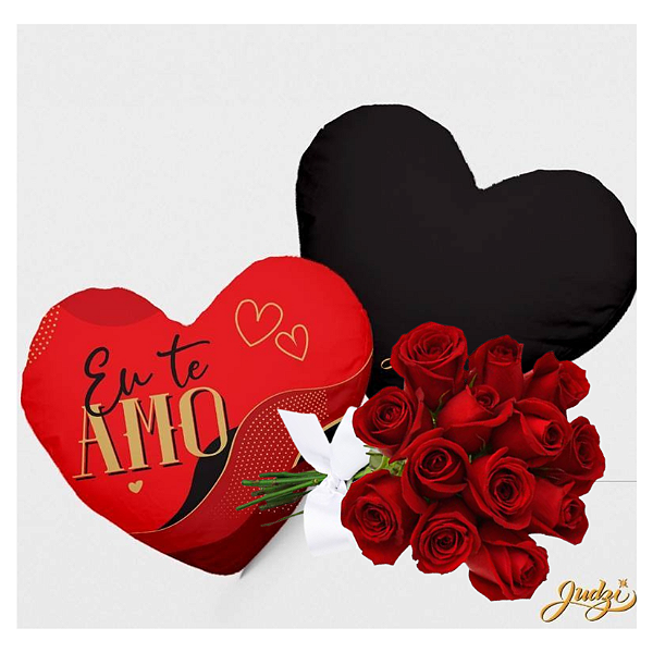 Almofada "Eu te amo" + Buquê 12 Rosas