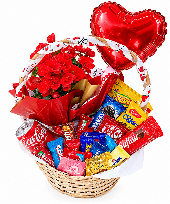 Cesta de Flores & Chocolates Com Balão Metalizado
