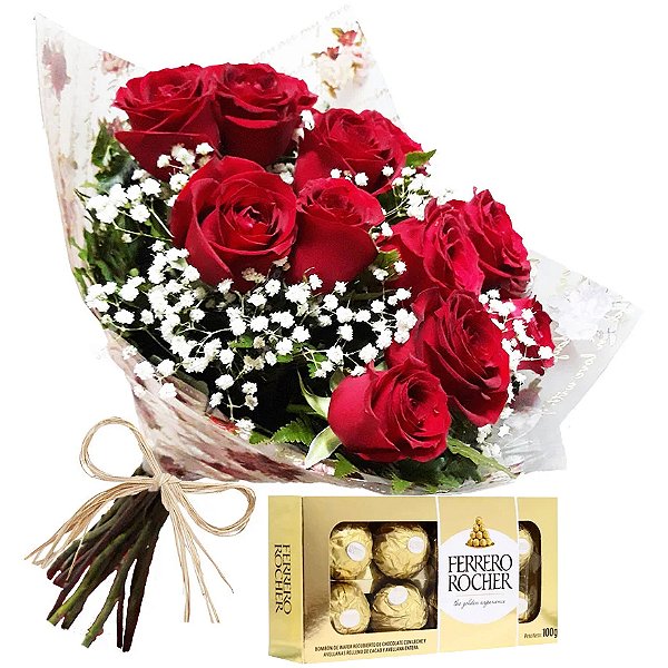 Buquê de 10  Rosas Vermelhas & Chocolate Ferrero Rocher 100G