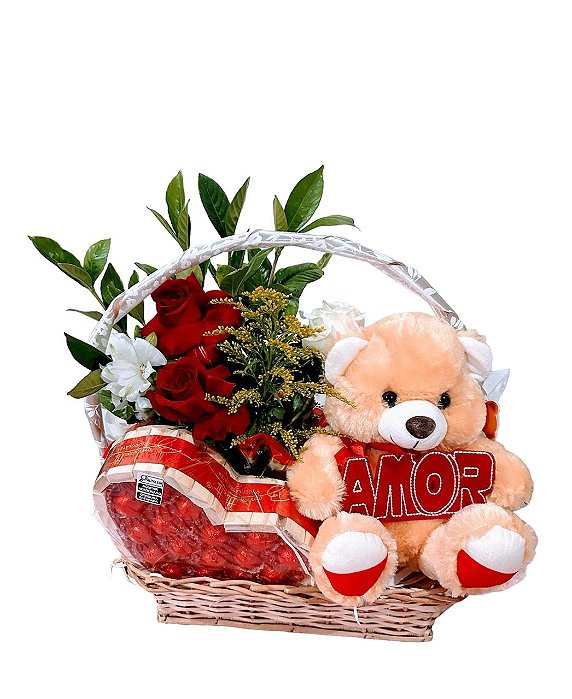 Cesta Amor & Doçura – Rosas, Pelúcia e Chocolate Bombonatti