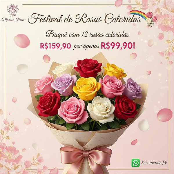 Buquê de 12 Rosas Coloridas