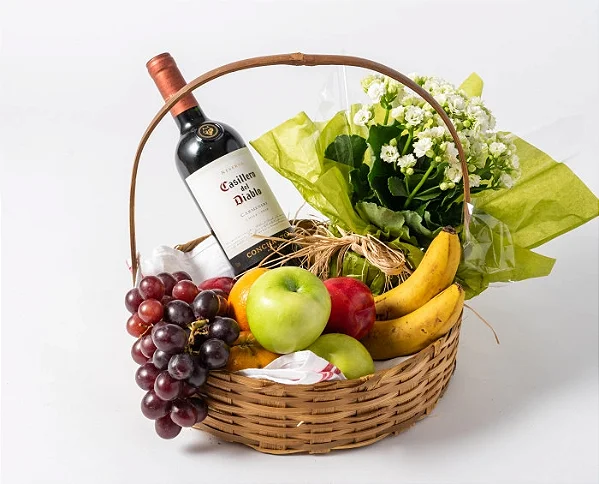 Cesta de Frutas, Flores e Vinho Tinto