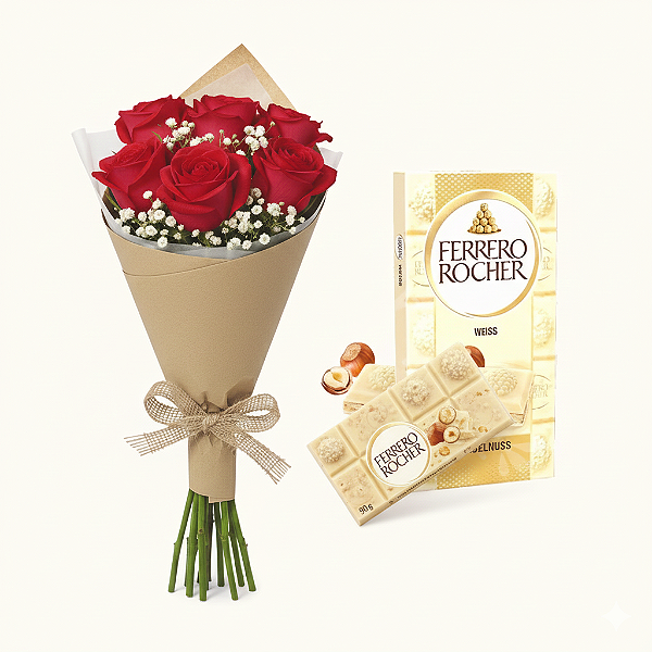 Combo Delicadeza: 6 Rosas & Ferrero Weiss