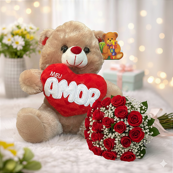 Kit: Romance Supremo Urso "Meu Amor" & Buquê de 20 Rosas Vermelhas