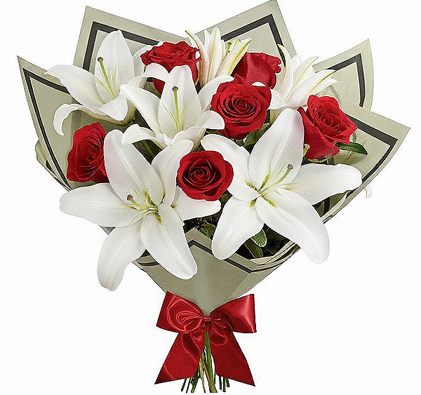 Luxuoso Buquê de Rosas com Lírios Brancos
