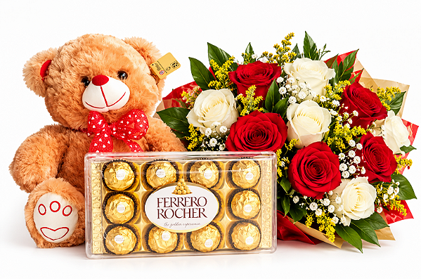 Arranjo Mix de Rosas com Pelúcia & Ferrero Rocher 150g