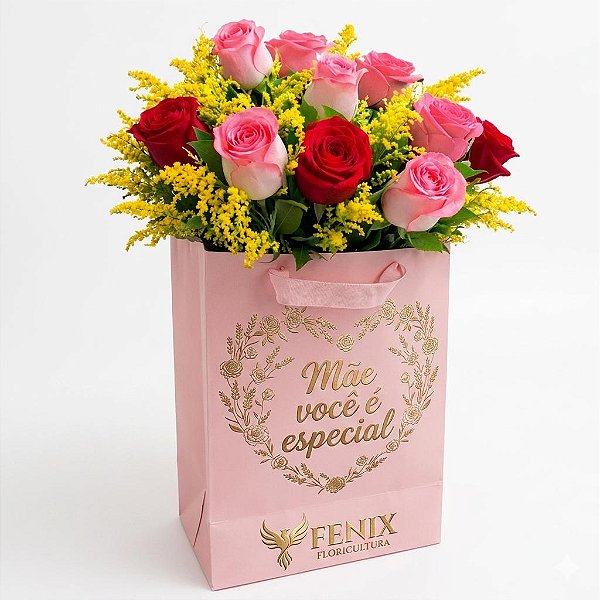 Buquê de 12 Rosas Coloridas na Sacola Especial Mãe