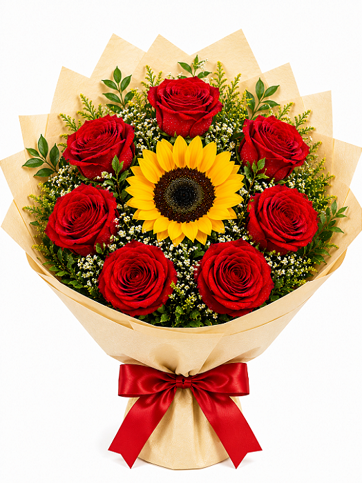 Buquê Romance Dourado - Rosas Vermelhas Premium e Girassol