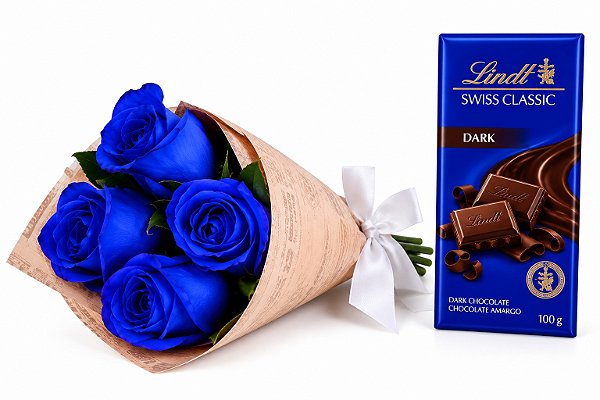 Buquê Rosas Azuis com Chocolate Lindt Dark