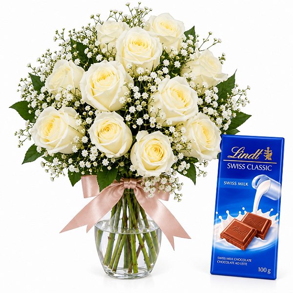 Buquê Elegância de Rosas Brancas com Lindt Milk