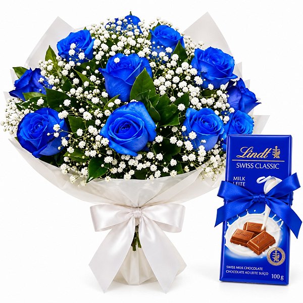 Buquê Azul Encanto com Lindt Milk