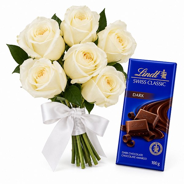 Buquê Encanto de Rosas Brancas com Lindt Dark