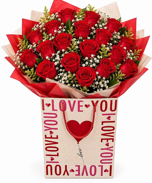 Buquê de 18 Rosas Vermelhas na Sacola “Love You”