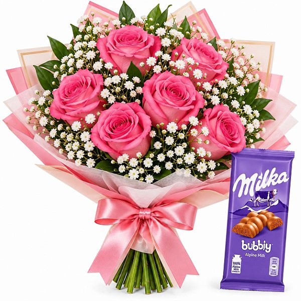 Buquê de 6 Rosas Pink com Chocolate Milka