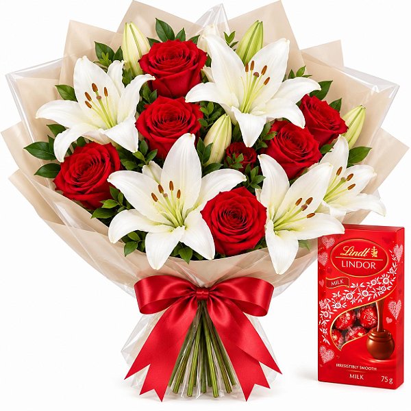 Buquê de Lírios Brancos e Rosas Vermelhas com Lindt 75g