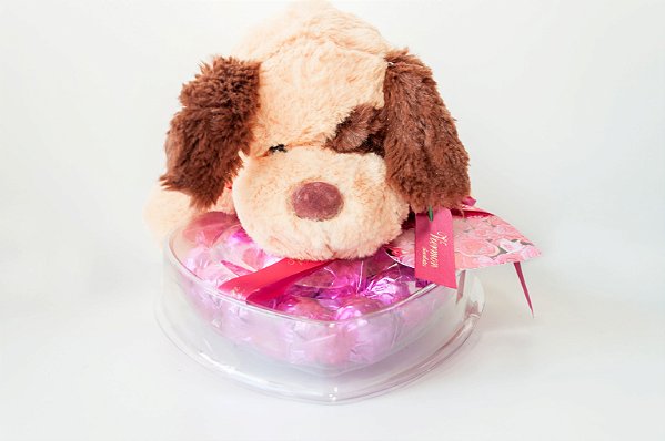 Cachorro de pelúcia importada com coração de chocolate