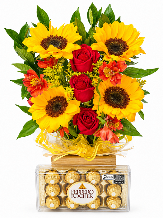 Arranjo de Girassol com Rosas e Ferrero Rocher