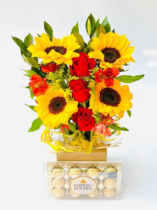 Arranjo de Girassol com Rosas e Ferrero Rocher