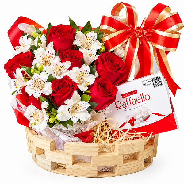 Cesta de Rosas Vermelhas com Astromélias & Raffaello 90g