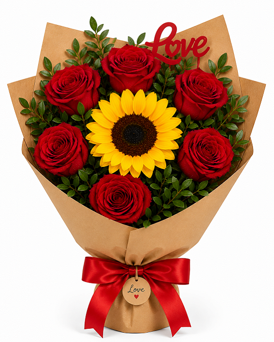 Buquê Love de Rosas Vermelhas & Girassol