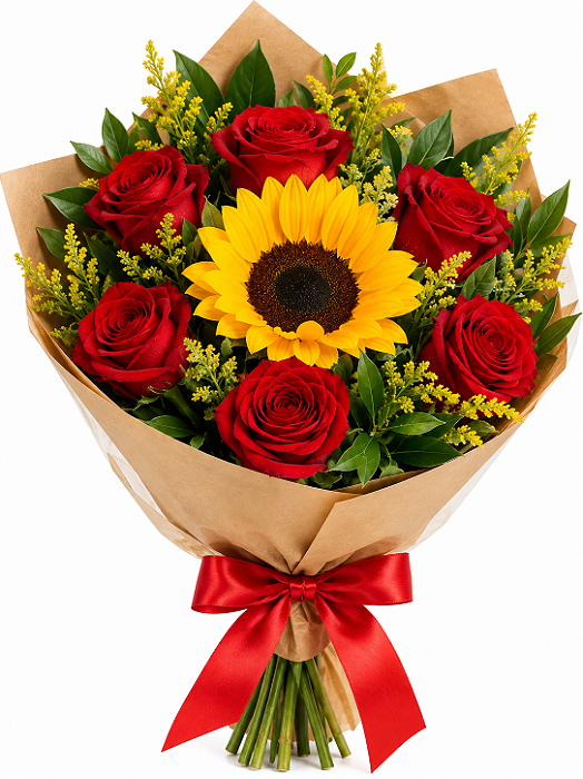 Buquê de Rosas Vermelhas & Girassol