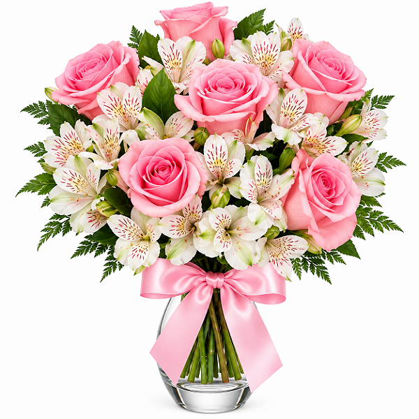 Luxuoso Arranjo de Rosas & Astromélias no Vaso de Vidro