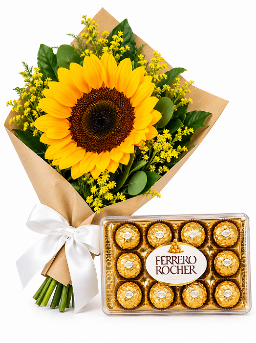 Mini Buquê de Girassol Unitário & Ferrero Rocher 150g