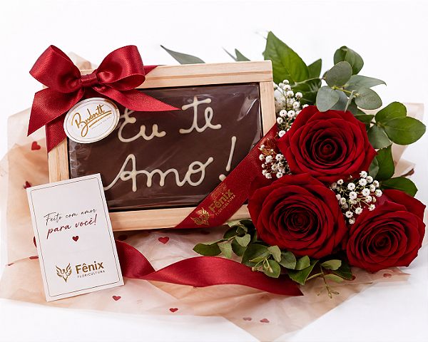 Trio De Rosas Com Barra de Chocolate Decorada