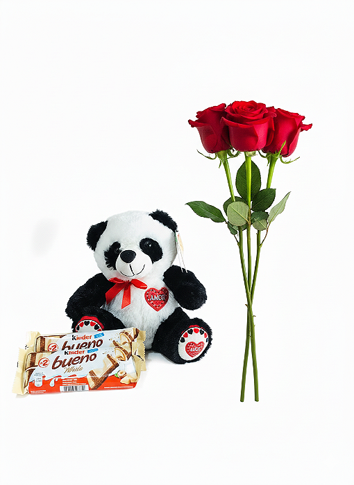 Combo Delicadeza: Panda de Pelúcia + Mini Buquê + Kinder Bueno
