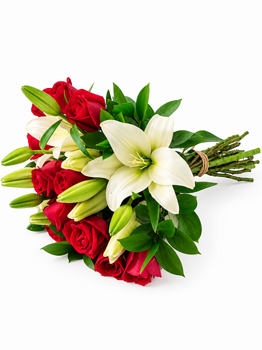 Intenso Amor – Buquê de Lírios e Rosas Vermelhas