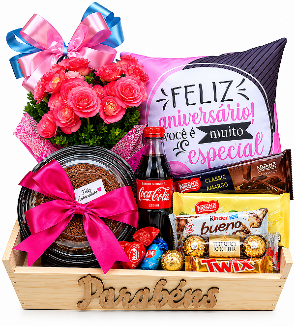 Baú Feliz Aniversário com Mini Begônia e Bolo