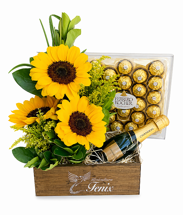Arranjo de Girassóis luxo e Chandom com Ferrero Roche 300 gramas