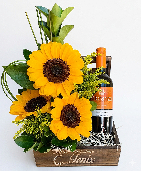 Arranjo de Girassóis com Garrafa Vinho 750 ml
