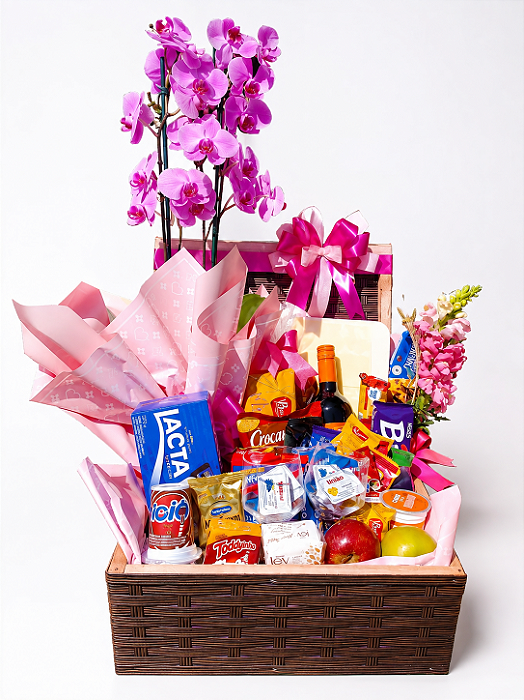 Baú Especial de Café da Manhã com Orquídea Phalaenopsis e Vinho