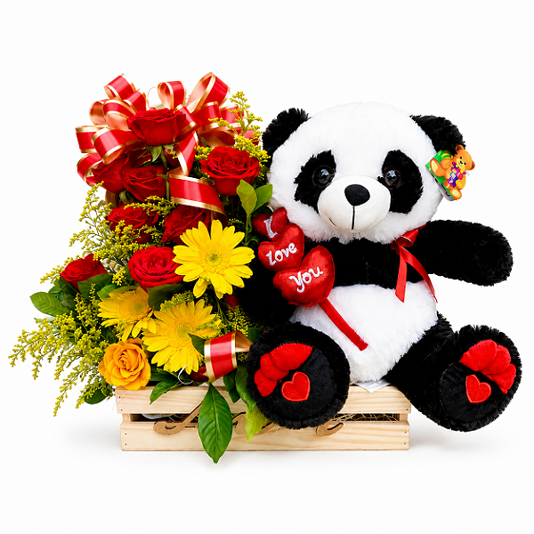 Cesta Carinho com Flores & Panda Fofinho