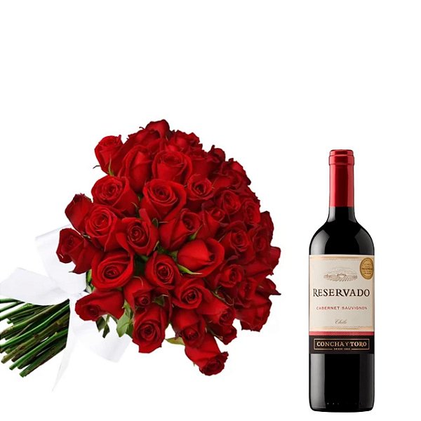 Buquê de 24 rosas com vinho Reservado